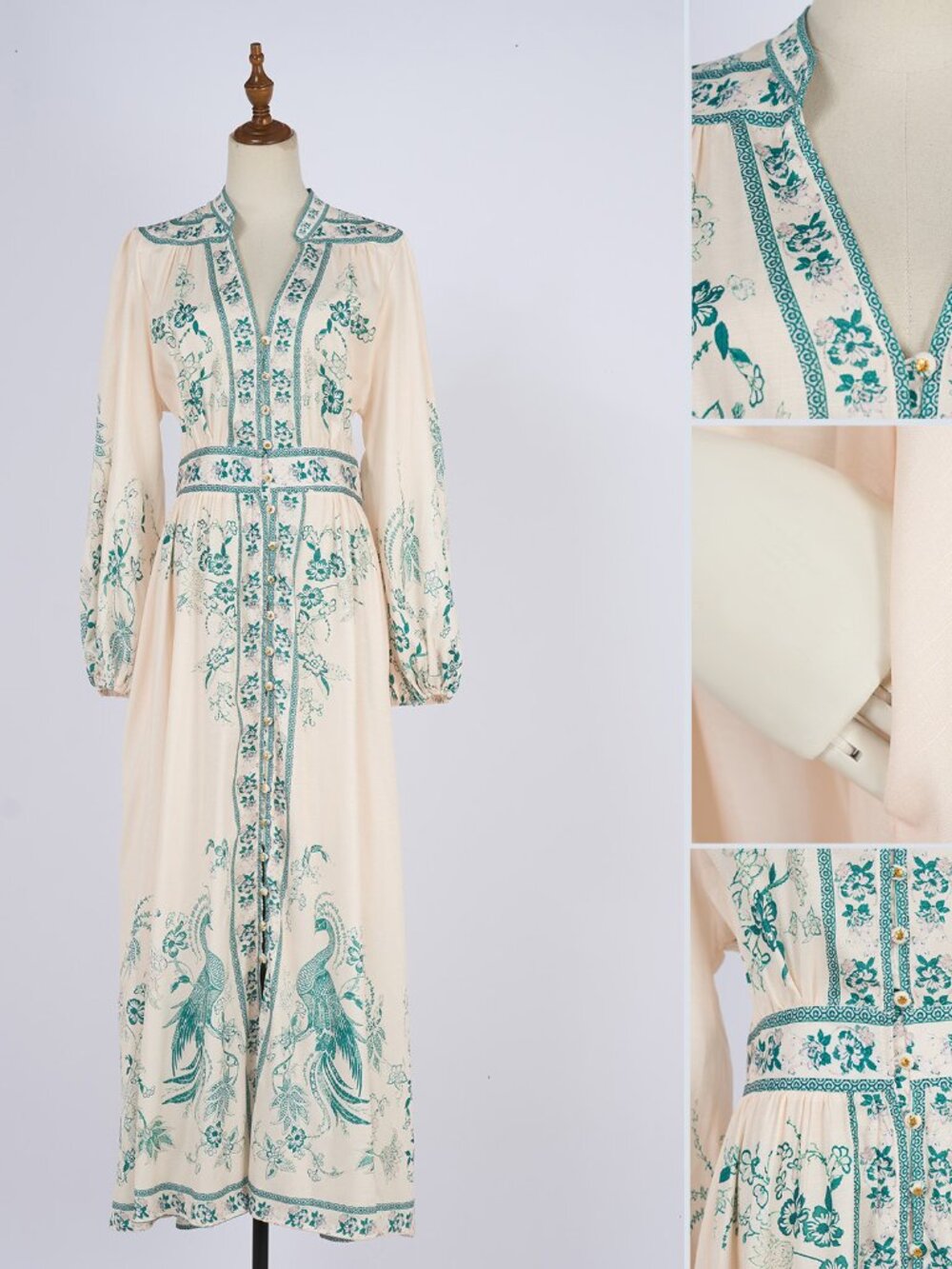 Vintage Cream & Teal Floral Bird Print Prairie Maxi Dress - Picture 14 of 14